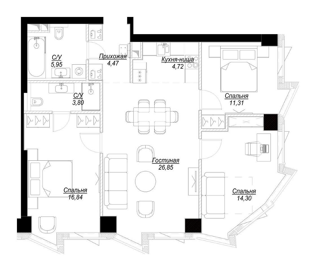 Планировка Квартира с 3 спальнями 88.24 м2 в ЖК Famous