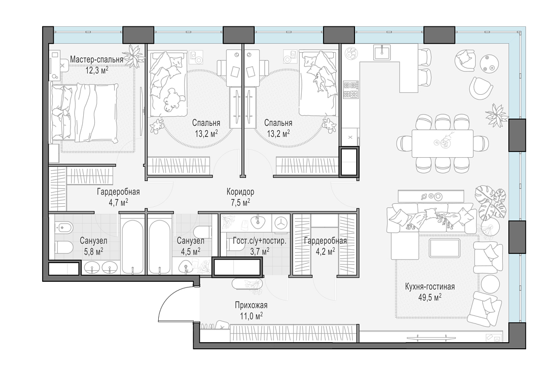 Apartment with 4 bedrooms 129.8 m2 in complex West Garden