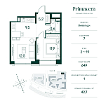 Планировка Квартира с 1 спальней 42.7 м2 в ЖК Primavera