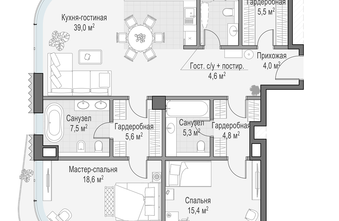 Квартира с 2 спальнями 112.1 м2 в ЖК Лаврушинский