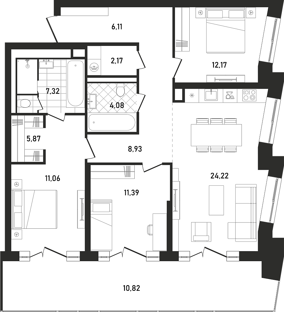 Планировка Квартира с 3 спальнями 103.8 м2 в ЖК Republic