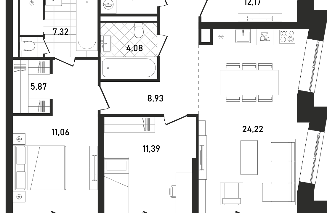 Квартира с 3 спальнями 103.8 м2 в ЖК Republic