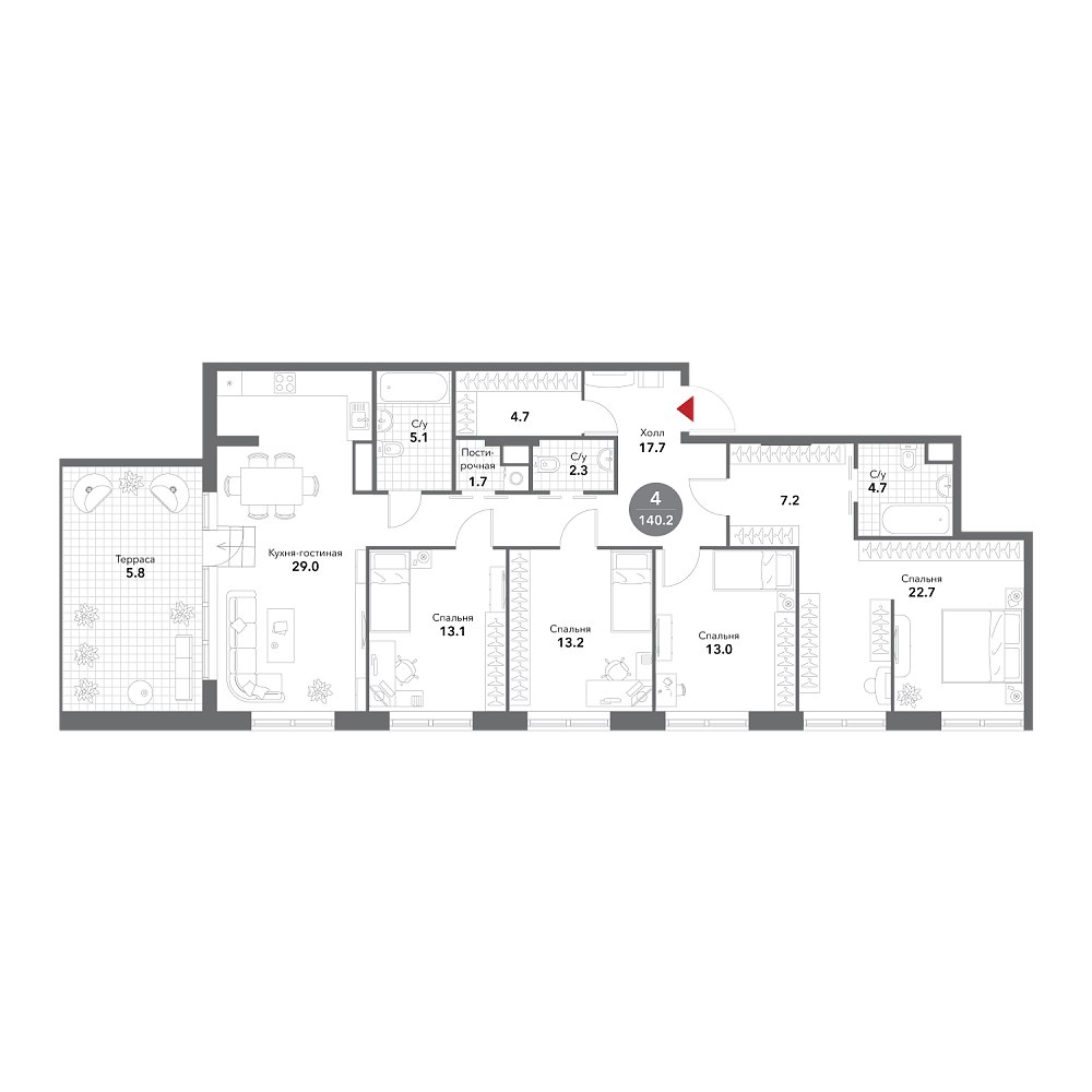 Планировка Квартира с 5 спальнями 140.2 м2 в ЖК Voxhall