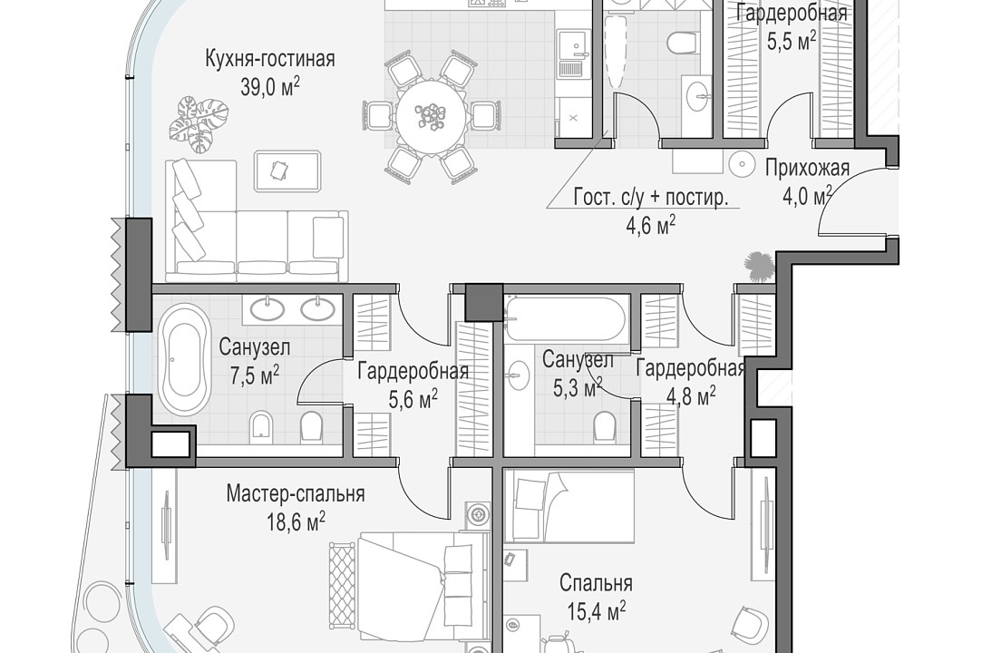 Квартира с 2 спальнями 112.4 м2 в ЖК Лаврушинский