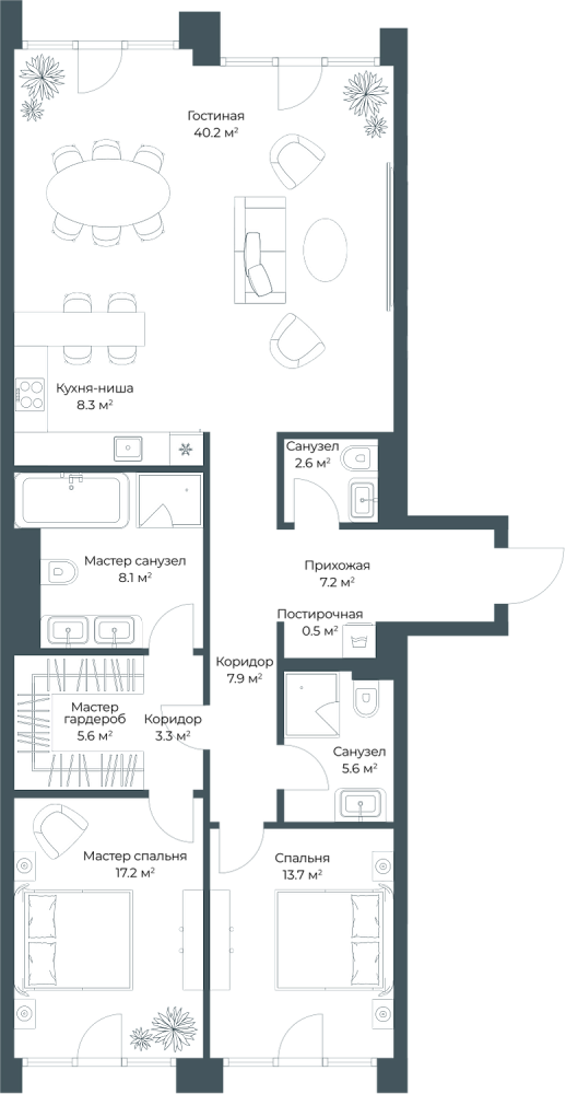 Планировка Квартира с 2 спальнями 120.7 м2 в ЖК Opus