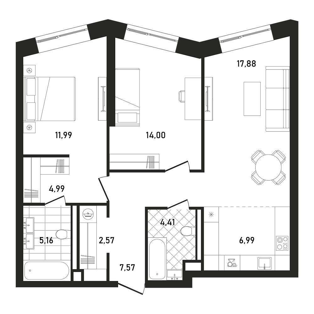 Планировка Квартира с 2 спальнями 75.56 м2 в ЖК Republic