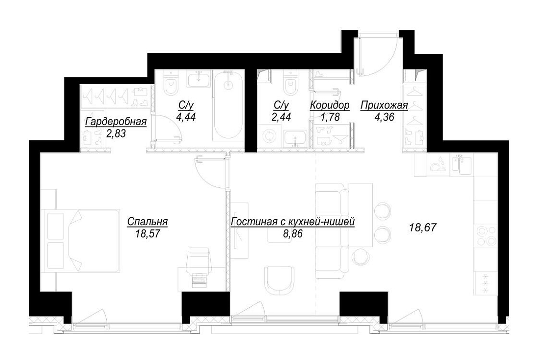 Планировка Квартира с 1 спальней 62.12 м2 в ЖК Hide