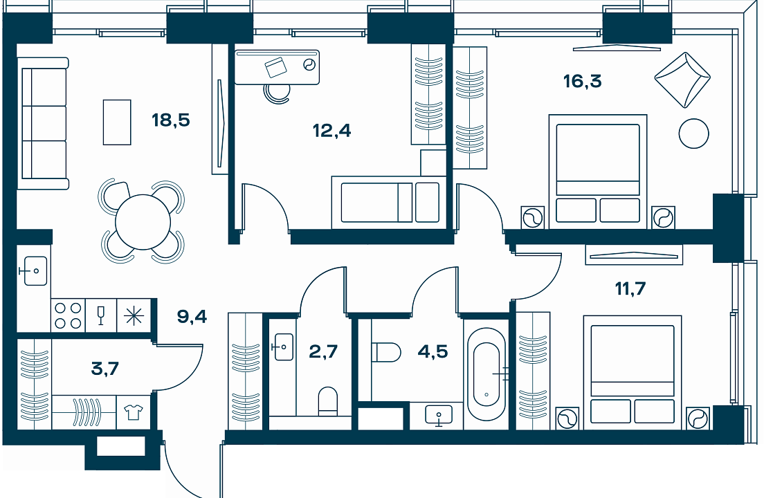 Квартира с 3 спальнями 79.2 м2 в ЖК Soul