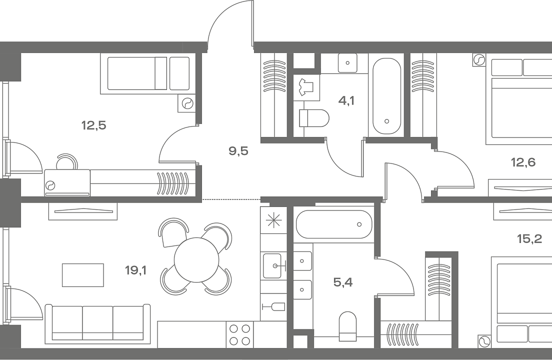 Квартира с 3 спальнями 82.4 м2 в ЖК Soul