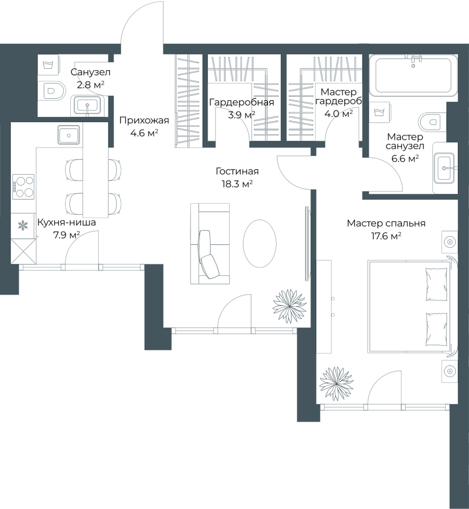 Планировка Квартира с 1 спальней 65.8 м2 в ЖК Opus
