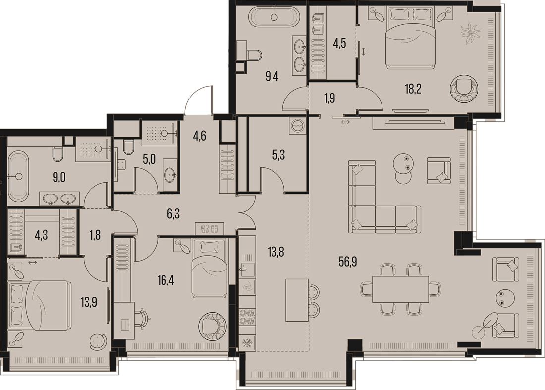 Планировка Квартира с 3 спальнями 171.3 м2 в ЖК High Life