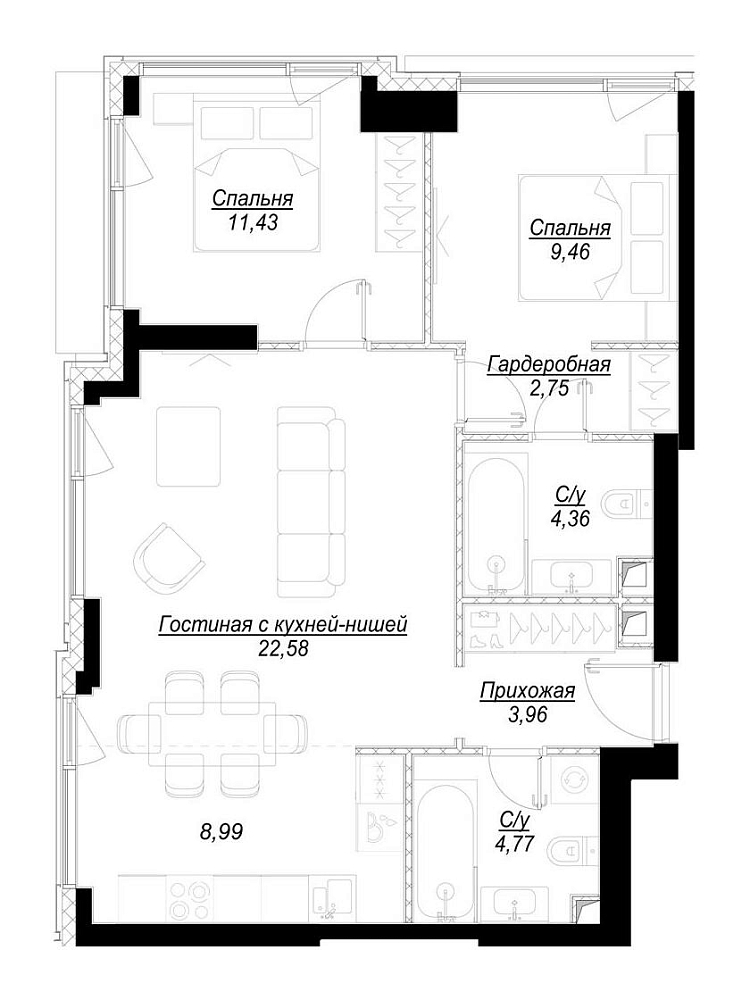 Планировка Квартира с 2 спальнями 68.54 м2 в ЖК Hide