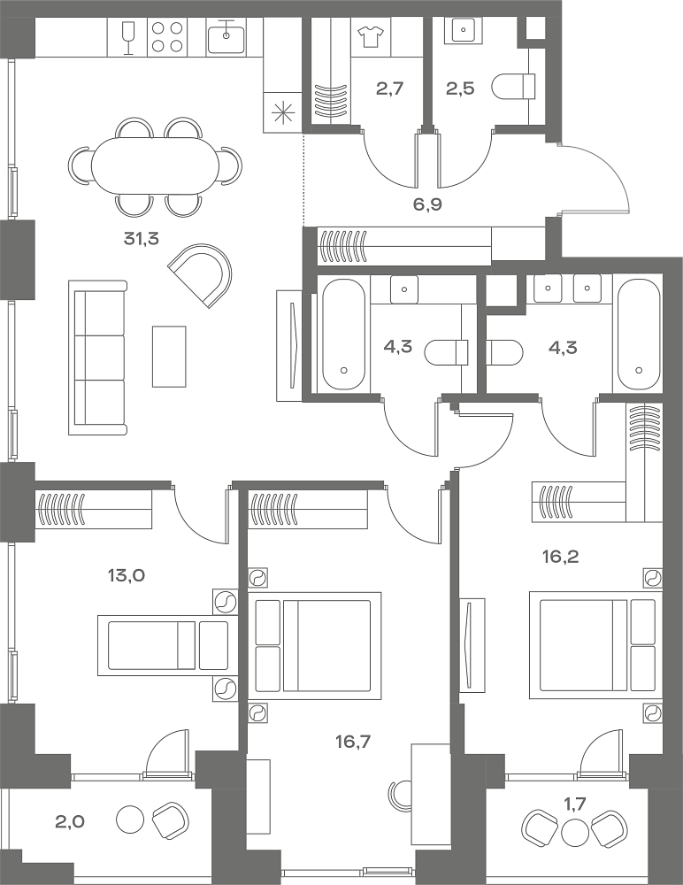 Планировка Квартира с 3 спальнями 101.6 м2 в ЖК Soul