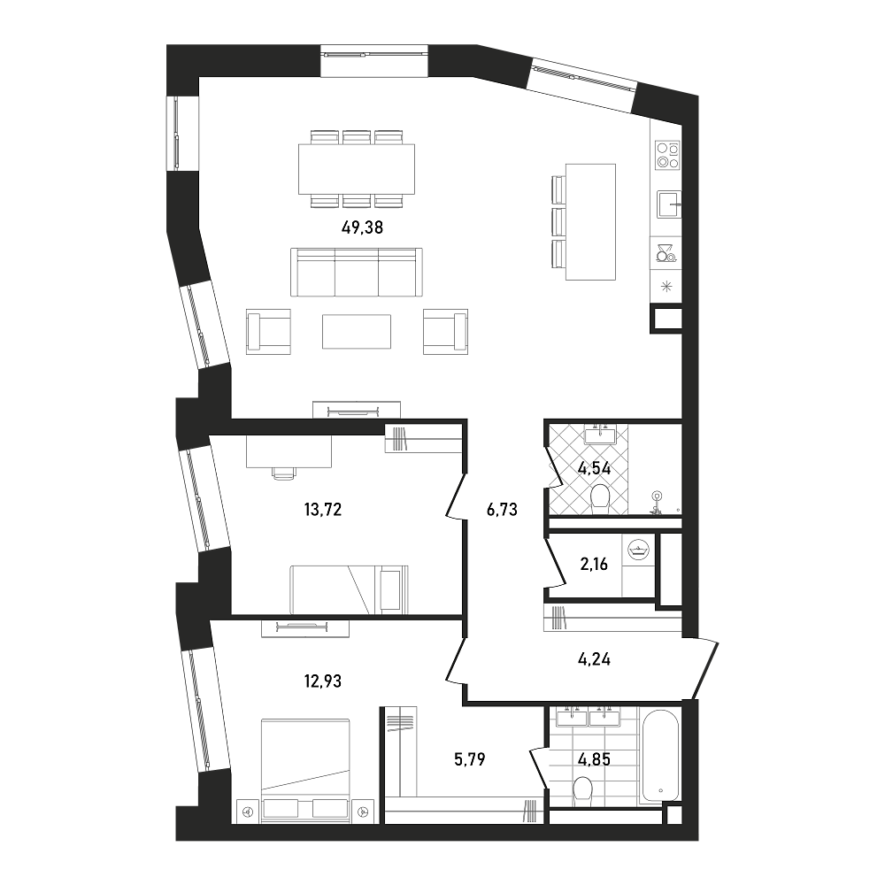 Планировка Квартира с 2 спальнями 104.34 м2 в ЖК Republic