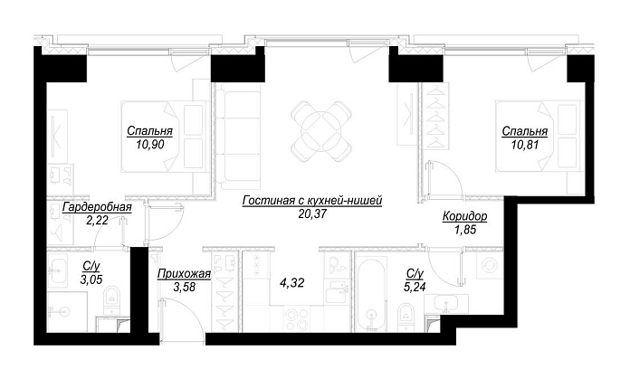 Layout picture 3-rooms from 60.43 m2 Photo 2