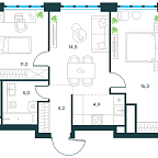 Планировка Квартира с 2 спальнями 55.9 м2 в ЖК Level Южнопортовая
