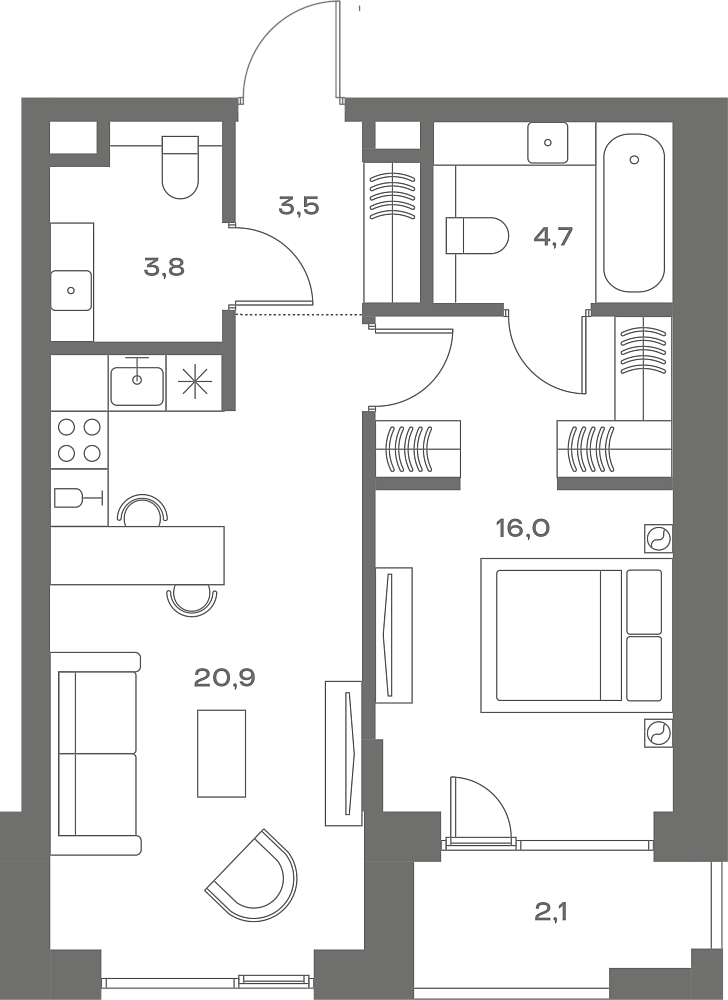 Планировка Квартира с 1 спальней 51 м2 в ЖК Soul