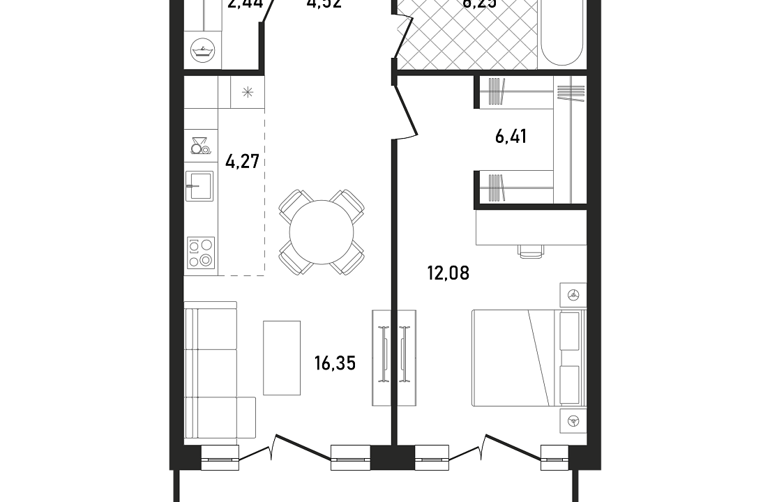 Квартира с 2 спальнями 58.74 м2 в ЖК Republic