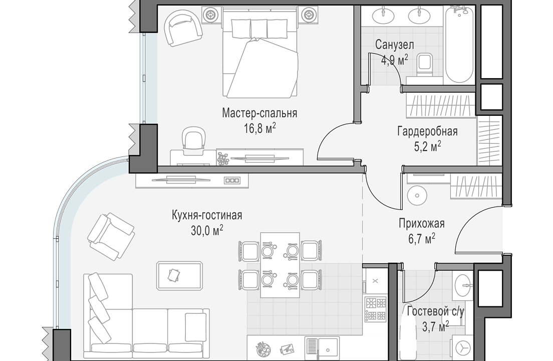 Квартира с 1 спальней 67.2 м2 в ЖК Лаврушинский