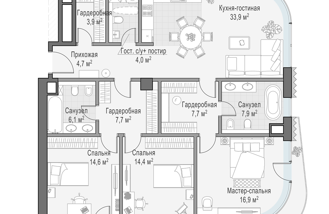 Квартира с 3 спальнями 124.8 м2 в ЖК Лаврушинский