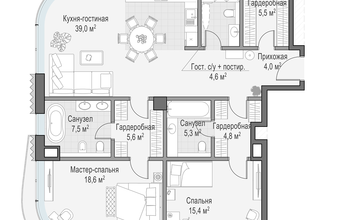 Квартира с 2 спальнями 111.8 м2 в ЖК Лаврушинский
