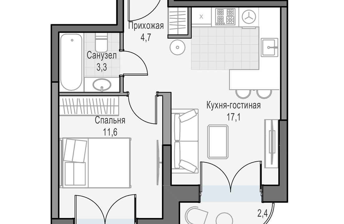 Квартира с 1 спальней 38.25 м2 в ЖК Дом Достижение