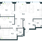 Планировка Квартира с 3 спальнями 95.5 м2 в ЖК Level Мичуринский