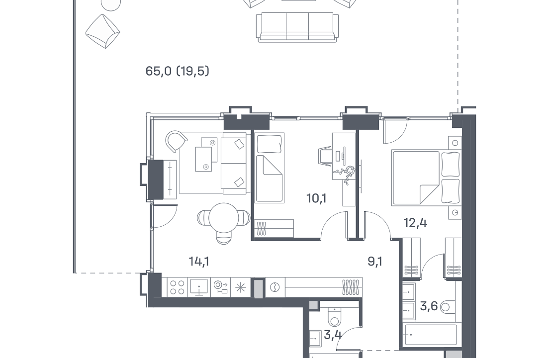 Квартира с 1 спальней 76.6 м2 в ЖК Portland