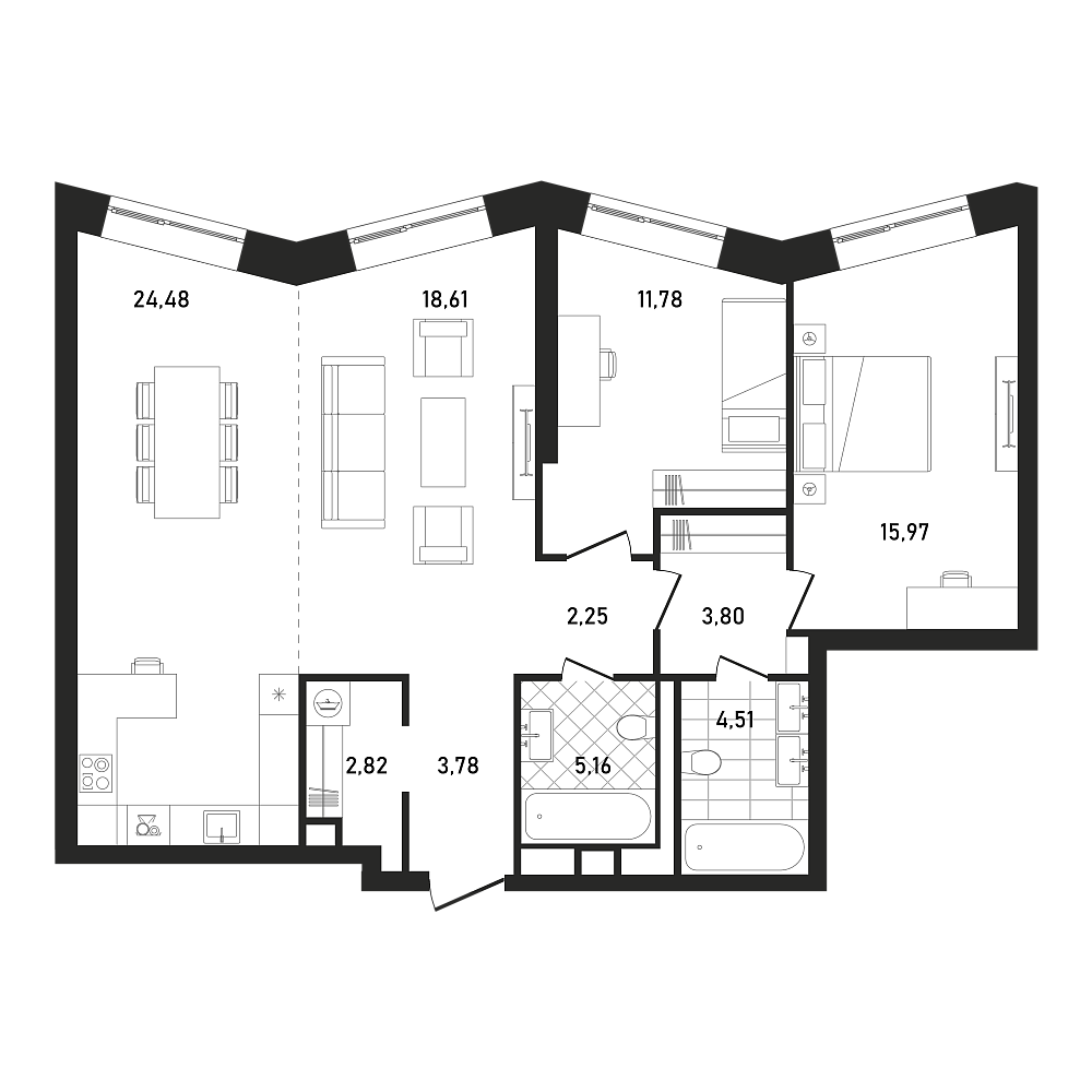 Планировка Квартира с 2 спальнями 93.16 м2 в ЖК Republic