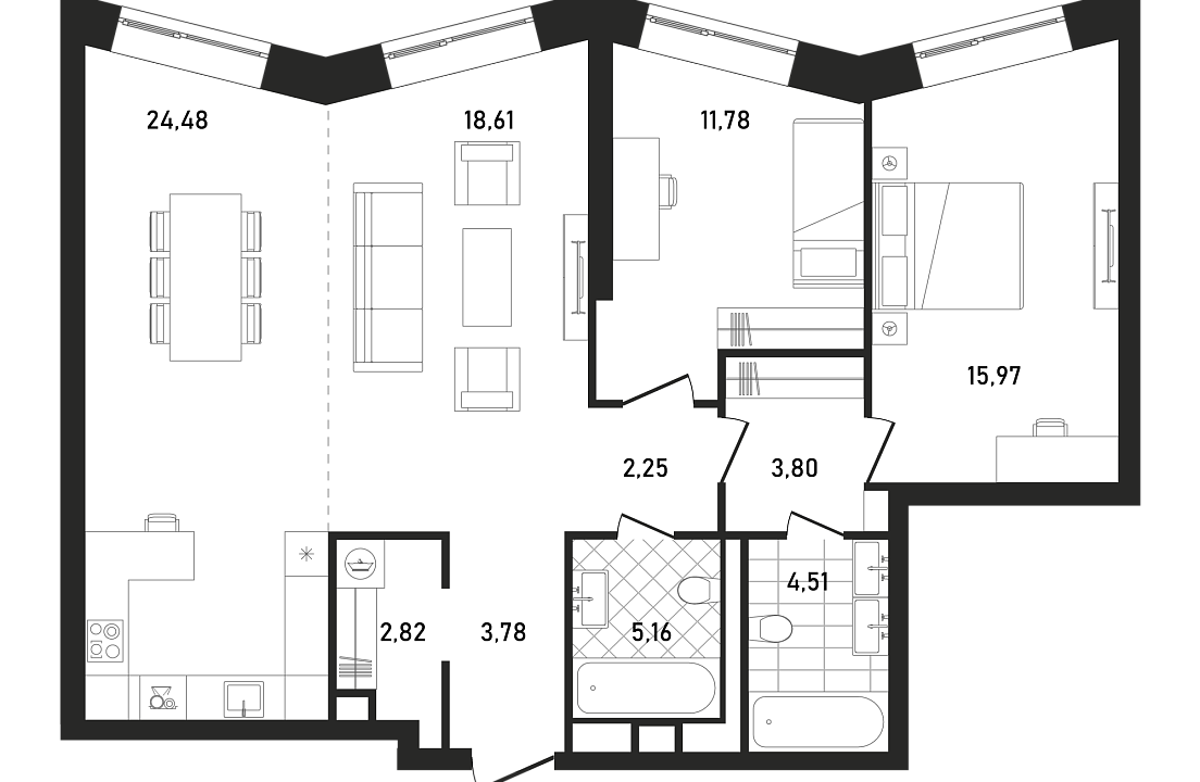 Квартира с 2 спальнями 93.16 м2 в ЖК Republic