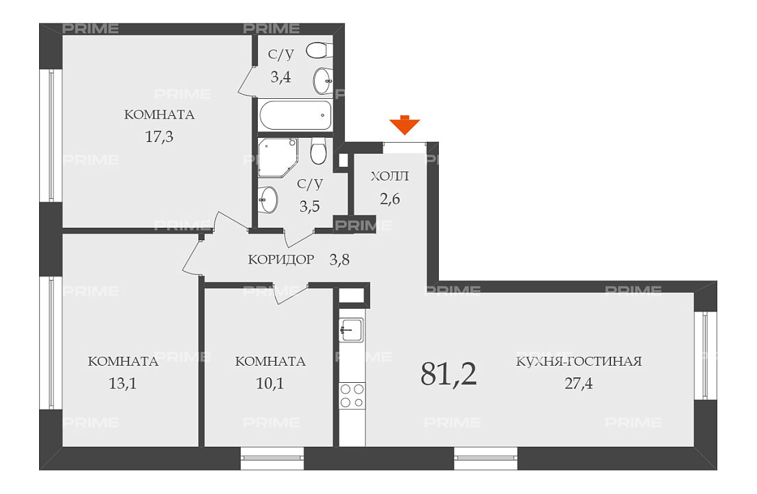 Квартира с 3 спальнями 81.25 м2 в ЖК Павелецкая Сити 