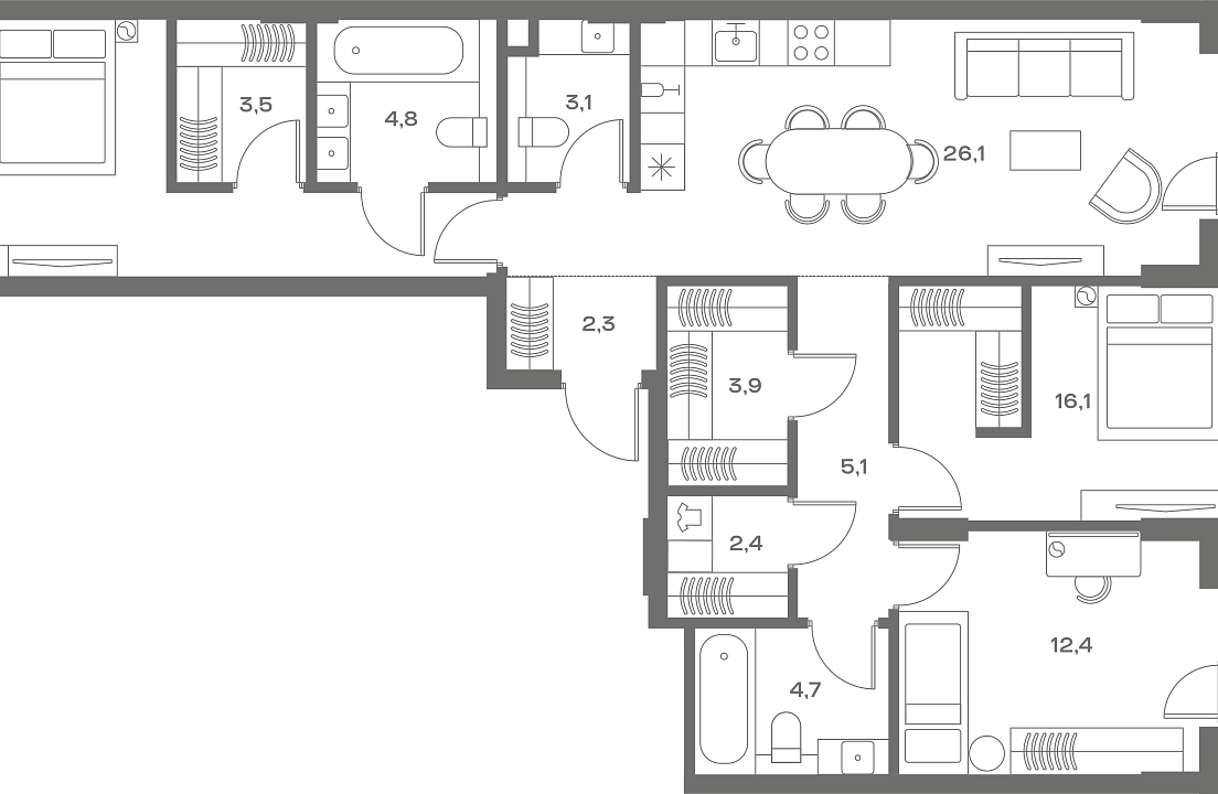 Квартира с 3 спальнями 104.3 м2 в ЖК Soul