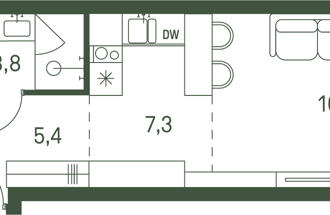 Квартира с 1 спальней 26.5 м2