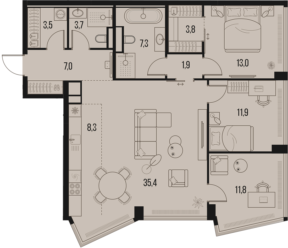 Планировка Квартира с 3 спальнями 107.6 м2 в ЖК High Life