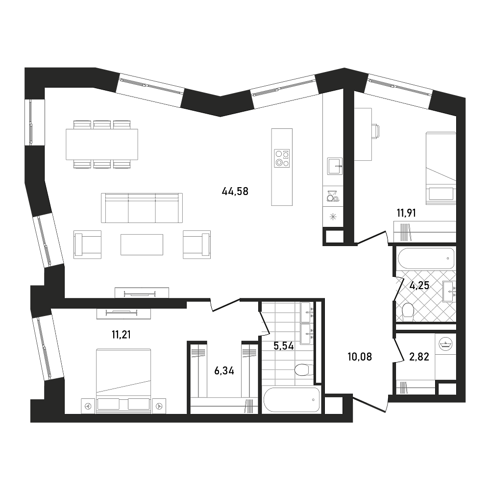 Планировка Квартира с 2 спальнями 96.73 м2 в ЖК Republic