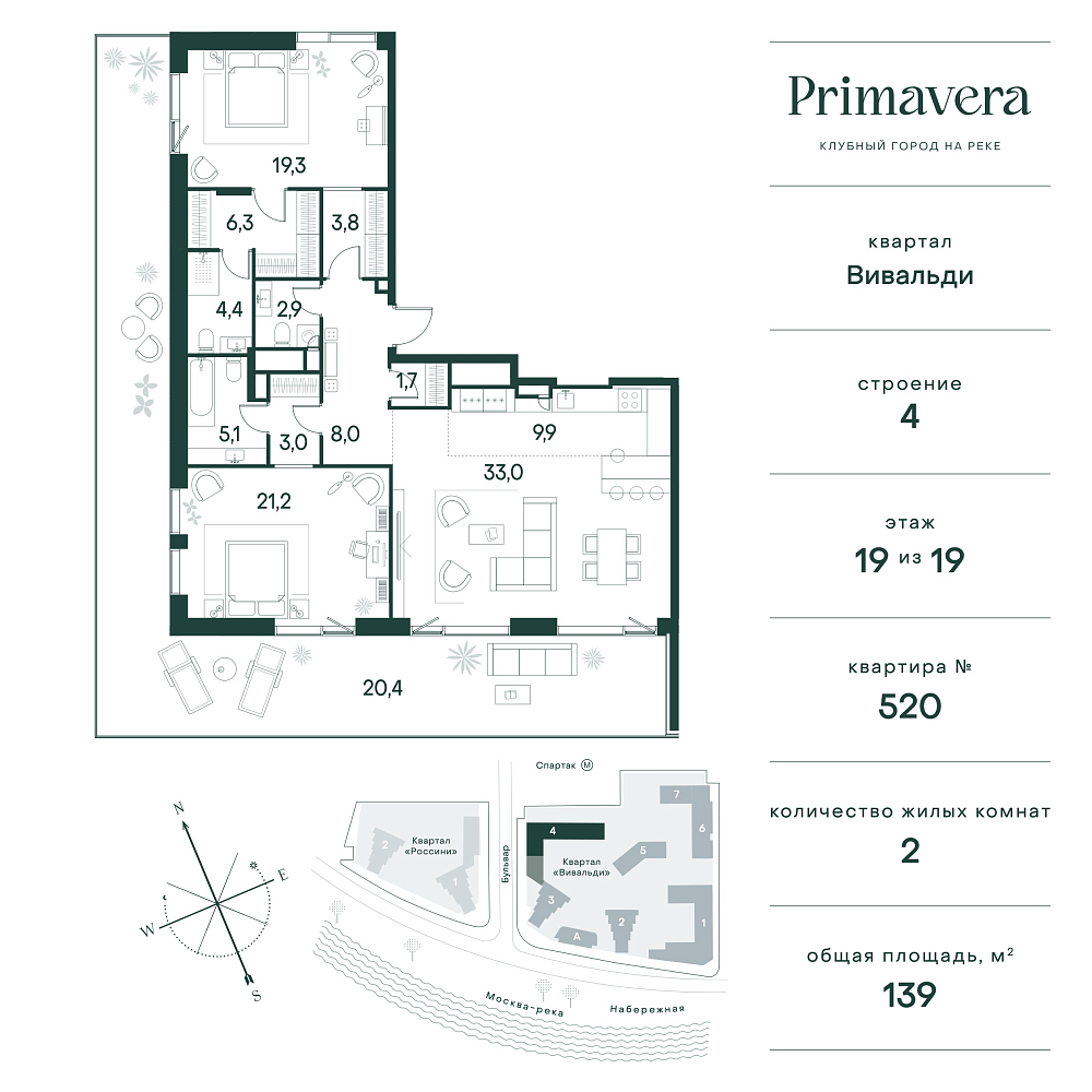 Планировка Квартира с 2 спальнями 139 м2 в ЖК Primavera