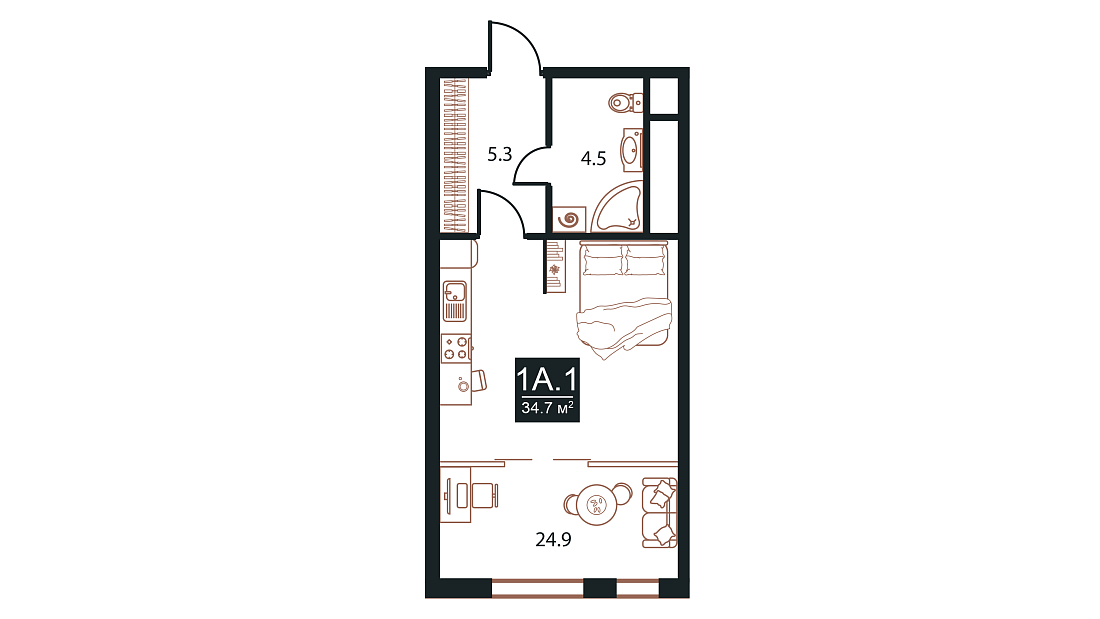 Планировка Апартаменты с 1 спальней 34.7 м2 в ЖК West Tower