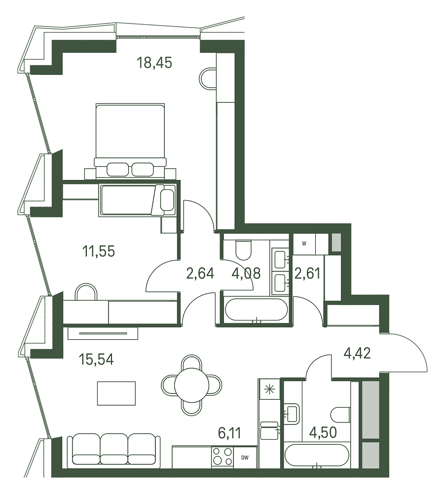 Планировка Квартира с 2 спальнями 69.9 м2 в ЖК Moments