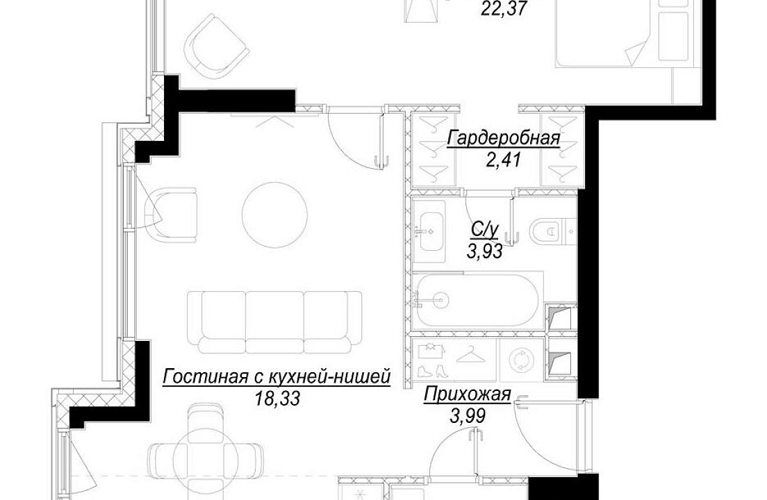 Квартира с 1 спальней 64.38 м2 в ЖК Hide