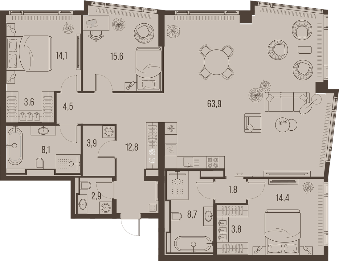 Планировка Квартира с 3 спальнями 157.6 м2 в ЖК High Life
