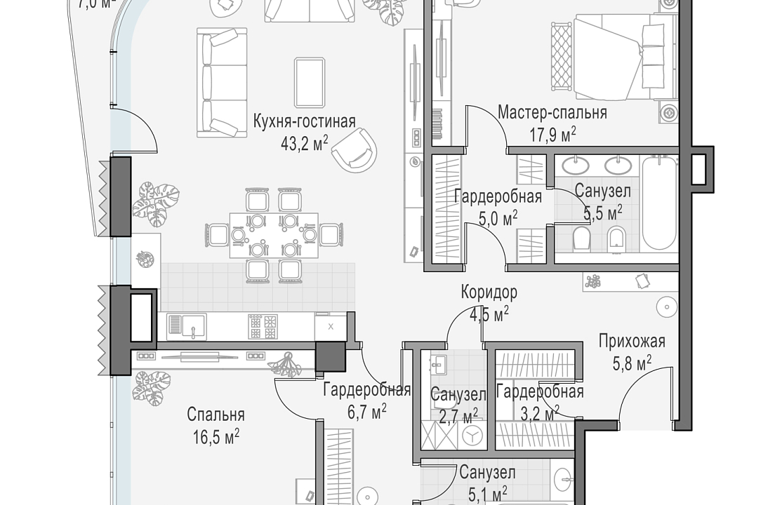 Квартира с 2 спальнями 118.2 м2 в ЖК Лаврушинский