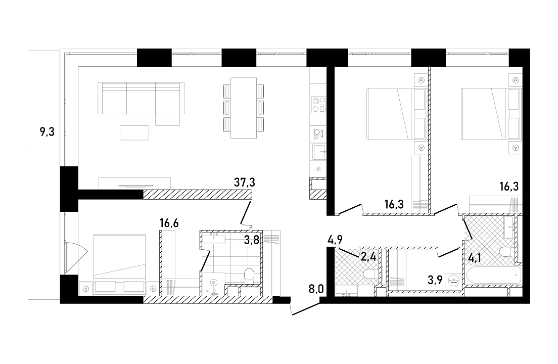 Квартира с 3 спальнями 116.39 м2 в ЖК Republic