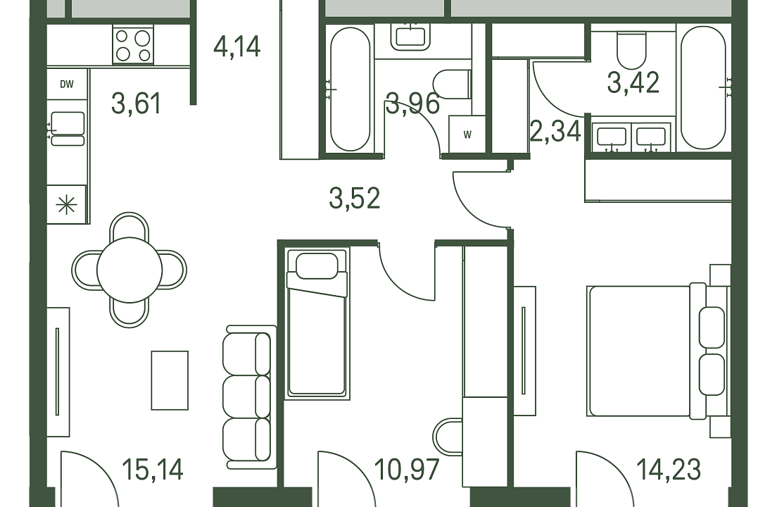 Квартира с 2 спальнями 62.31 м2 в ЖК Moments