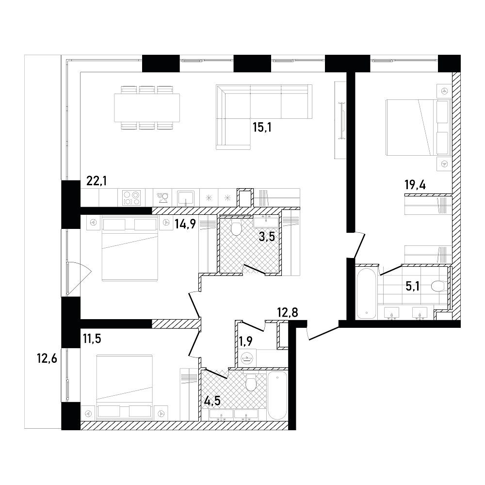 Планировка Квартира с 3 спальнями 114.43 м2 в ЖК Republic