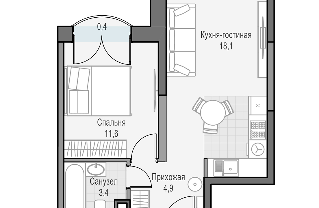 Квартира с 1 спальней 38.58 м2 в ЖК Дом Достижение