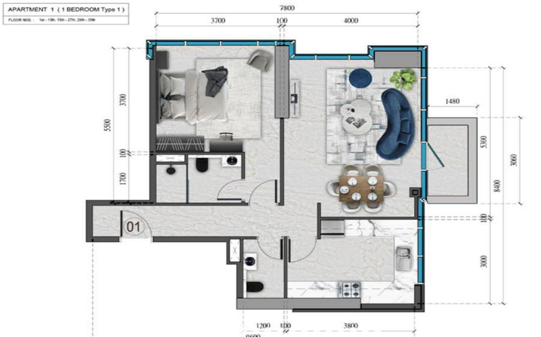 Планировка 1-комнатная квартира 58.1 м2 в ЖК Renad Tower 