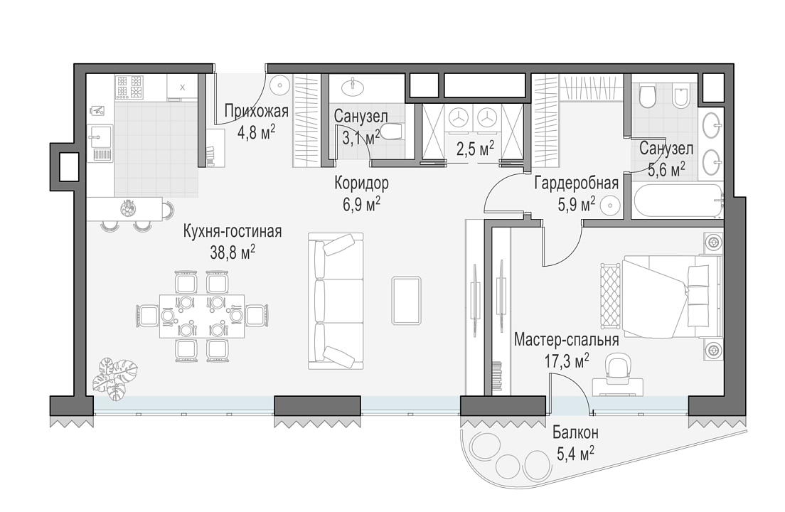 Квартира с 2 спальнями 85.6 м2 в ЖК Лаврушинский