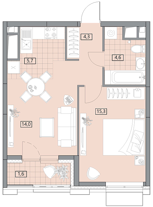 Layout picture 2-rooms from 45.3 m2 Photo 3