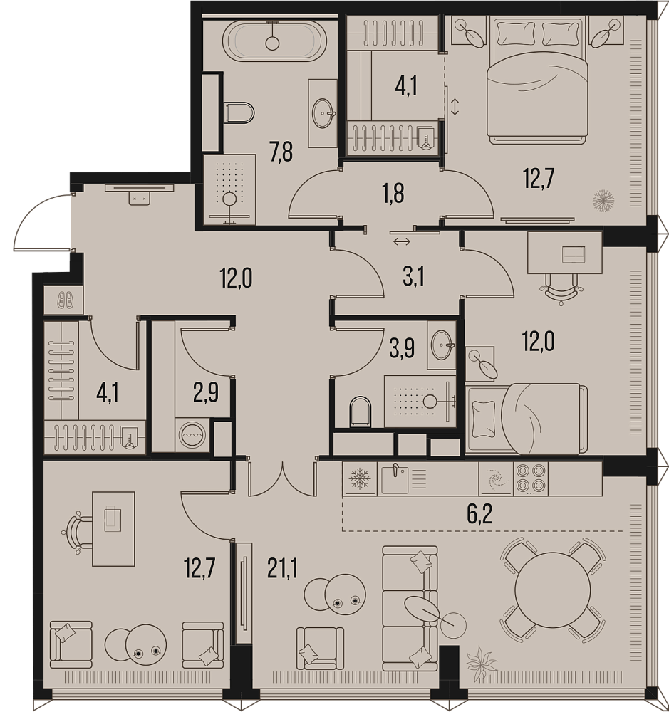 Планировка Квартира с 3 спальнями 104.4 м2 в ЖК High Life
