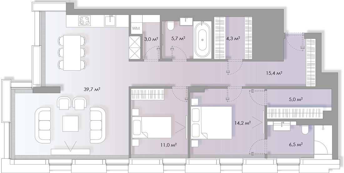 Планировка Апартаменты с 2 спальнями 105.8 м2 в ЖК Lumin House